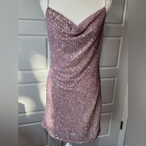 Style Rack Pink Sequin Mini Dress Cowl Neck Sleeveless Party Cocktail Medium